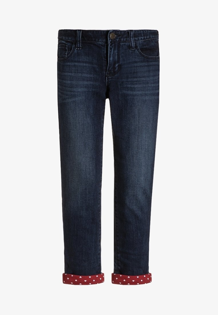 Džínové kalhoty tmavě modré barvy s klasickým střihem, s ohrnutými nohavicemi s malým vzorem srdíček v červené a bílé. Design s pěti kapsami.