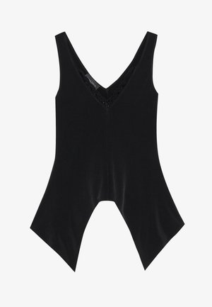 Svart ermeløs topp med V-hals, med blonde detaljer ved halsen og en karakteristisk utvidet sømdesign. Laget av mykt, glatt stoff.