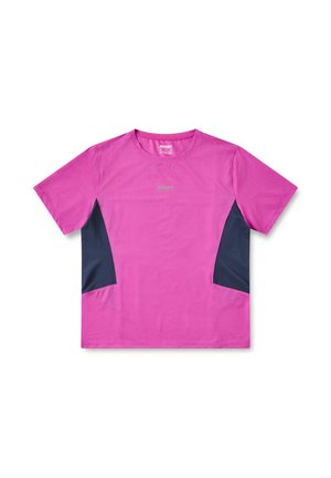 Short-sleeve athletic shirt in vibrant pink with textured fabric and dark navy side panels. Features a crew neck and subtle logo detail.