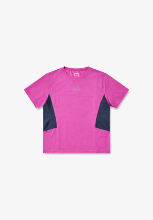 Kurzarm-Sportshirt in leuchtendem Pink mit strukturiertem Stoff und dunkelblauen Seitenpaneelen. Verfügt über einen Rundhalsausschnitt und dezente Logodetails.