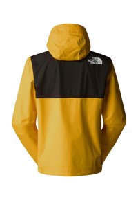 Wasserabweisende Jacke mit einem leuchtend gelben unteren Bereich und einem schwarzen oberen Bereich. Verfügt über eine Kapuze und das The North Face-Logo auf dem Rücken.