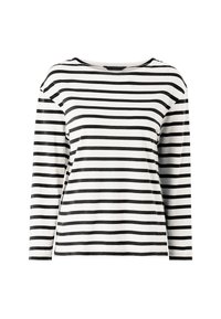 Maglia a maniche lunghe in morbido tessuto con righe orizzontali bianche e nere, vestibilità ampia e scollo largo. Nessun ulteriore elemento di design evidente.