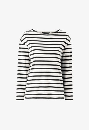 Pitkähiallinen paita pehmeästä kankaasta, jossa on mustavalkoiset vaakasuorat raidat, väljä malli ja leveä kaula-aukko. Ei muita huomattavia suunnitteluelementtejä.