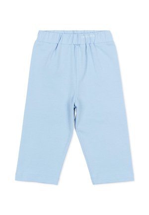 Pantaloni azzurri chiaro per bambino con vita elastica, gambe dritte e dettaglio sottile del nome del marchio al centro della vita davanti.