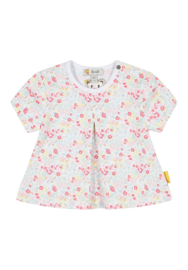 Korte jurk met bloemenpatroon in pastelkleuren, met een ronde halslijn, plooidetails en drukknopen voor gemakkelijk aan- en uittrekken.