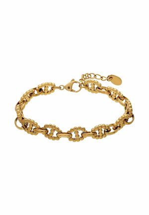 Bracelet chaîne en or avec maillons ovales et ronds texturés, fermoir mousqueton et extension réglable avec petite étiquette ronde.