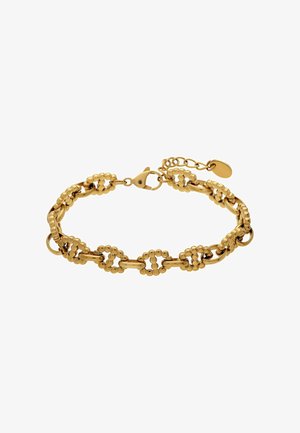Bracelet chaîne en or avec maillons ovales et ronds texturés, fermoir mousqueton et extension réglable avec petite étiquette ronde.
