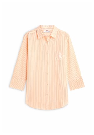 Camicia a maniche lunghe con righe verticali arancioni e bianche, bottoni e colletto, con logo ricamato sul petto a sinistra.