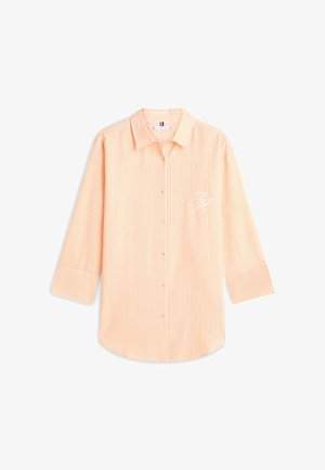 Pomarańczowa i biała koszula na guziki z długim rękawem, pionowe paski, kołnierzyk oraz haftowane logo na lewej piersi.
