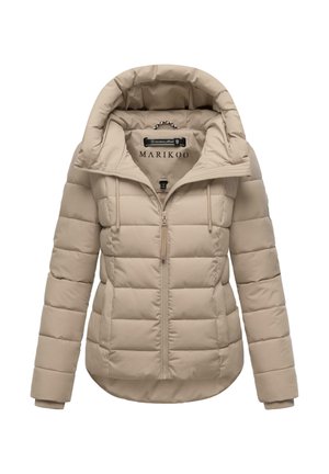 Giacca puffer beige con cappuccio staccabile, chiusura con zip e polsini a costine. Presenta un design trapuntato e due tasche frontali con zip.