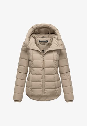 Beige Steppjacke mit abnehmbarer Kapuze, Reißverschluss und gerippten Bündchen. Sie verfügt über ein gestepptes Design und zwei vordere Reißverschlusstaschen.