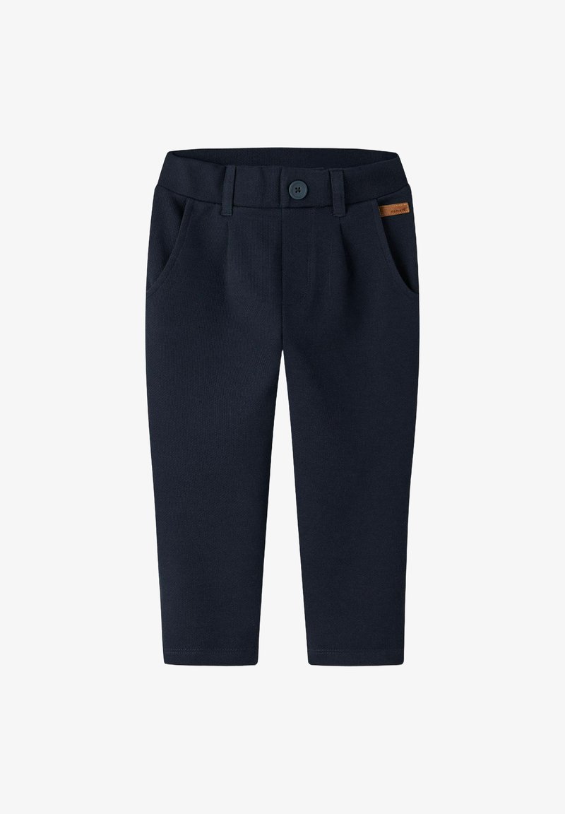 Pantalones de vestir azul marino, confeccionados en una suave mezcla de algodón, que cuentan con cierre de botón, trabillas para cinturón y bolsillos frontales para mayor comodidad.