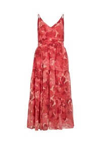 Robe maxi florale rouge avec un décolleté en V, des bretelles fines ajustables et un design à volants superposés. Fabriquée en tissu léger avec une texture semi-transparente.