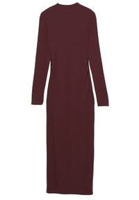 Robe ajustée à manches longues et longueur cheville en bordeaux foncé, avec un col rond haut et de légères fronces sur les côtés.