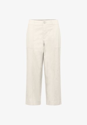 Beige cropped trousers made of lightweight fabric. Features a button closure, front and side pockets, and a straight-leg design.