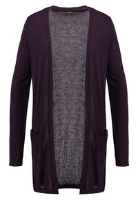 Długo rękawowy, otwarty ciemnofioletowy kardigan z dwoma przednimi kieszeniami i lekkim dzianinowym materiałem.