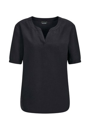 Schwarze Bluse mit kurzen Ärmeln, abgerundetem Ausschnitt mit Einkerbung und feiner Textur, mit dem Etikett Goldner, vor weißem Hintergrund dargestellt.