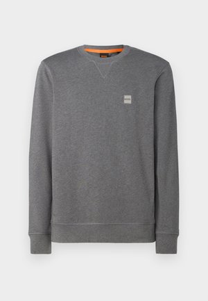 Grijze sweatshirt van zacht materiaal, met een ronde hals, lange mouwen, geribbelde manchetten en een klein logo-label op de borst.