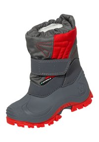 Grauer und roter Winterstiefel aus synthetischem Material, mit einem weichen Schaft aus gerafftem Stoff, Klettverschluss und strukturiertem Gummisohle mit Profil.