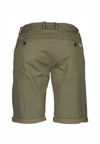 Olijfgroene katoenen shorts met een gestructureerd patroon, opgerolde mouwen en twee achterzakken met knoopsluitingen.