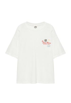 T-shirt bianca a maniche corte con testo ""The Going Merry Adventure Awaits"" e piccolo grafico sul petto sinistro, scollo rotondo, vestibilità morbida.