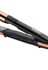 Schwarzer und roségoldener BaByliss Haarglätter mit Keramikplatten sowie Bedientasten für Ein-/Ausschalten und Temperatureinstellung.