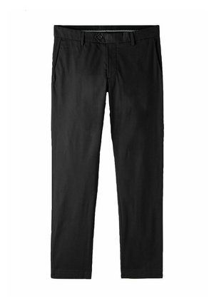 Pantalon noir en tissu lisse, à coupe droite, avec deux poches avant et une fermeture à bouton sur le devant. Design minimal sans motifs.