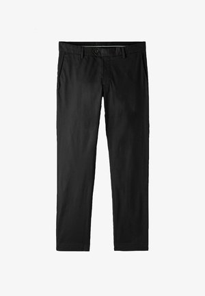 Schwarze Hosen aus glattem Stoff mit geradem Schnitt, zwei Fronttaschen und einem vorderen Knopfverschluss. Minimalistisches Design ohne Muster.