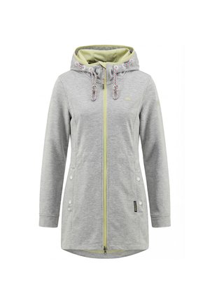 Svetlosivá bunda s kapucňou, predný zips, sťahovacie šnúrky, dve vrecká na cvoky a mierne predĺžený zadný lem.