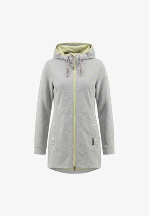 Helehall kapuutsiga jakk esiküljel luku, kinnitusnööride, kahe trukiga tasku ja veidi pikema tagumise servaga.