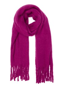 Bufanda fucsia hecha de tela suave, con un borde adornado con flecos. Es larga y se envuelve, mostrando una textura lisa.