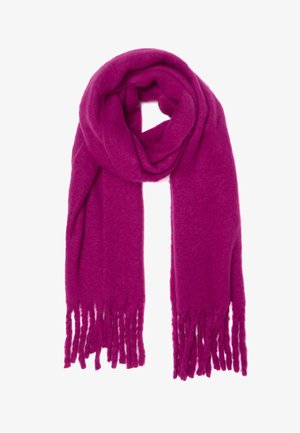 Fuchsia sjaal gemaakt van zachte stof, met een franjerand. De sjaal is lang en omwikkeld, en heeft een gladde textuur.
