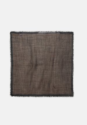 Brown square scarf with small dark checkered pattern and fringed edges laid flat against white background.