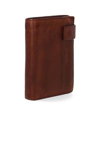 Braune Lederbrieftasche mit glatter Textur, rechteckiger Form und Druckknopfverschluss. Verfügt über dezente Nähte und ein seitliches Logodetail.