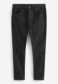 Jean en denim noir slim fit avec cinq poches, coutures discrètes et fermeture à bouton. Texture lisse avec une apparence légèrement délavée.