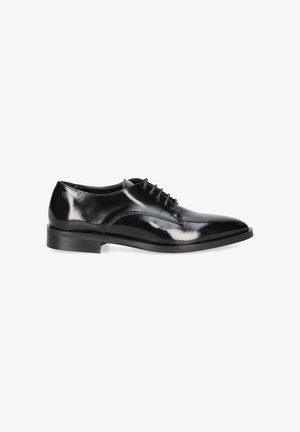 Black patent leather dress shoe with a pointed toe, lace-up design, smooth texture, and a low heel. Features subtle stitching accents.