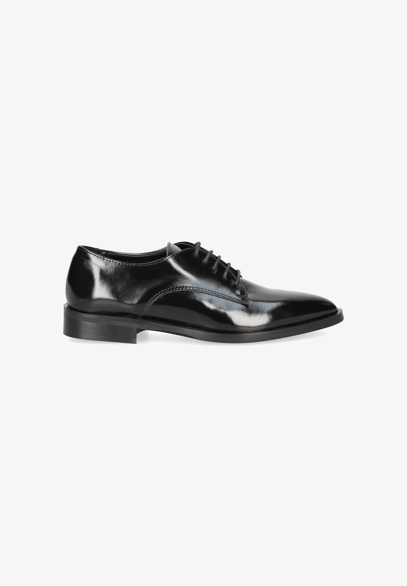 Black patent leather dress shoe with a pointed toe, lace-up design, smooth texture, and a low heel. Features subtle stitching accents.