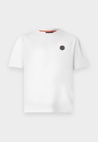 White cotton t-shirt with short sleeves and a round neckline. Features a circular logo patch on the left chest.