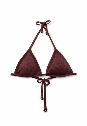 Maroon triangle bikini top with paisley pattern, halter neck and back ties against a white background.