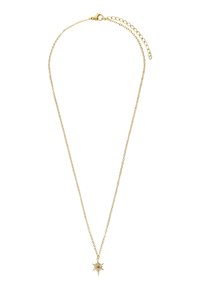 Gouden ketting met een sterhanger met een centrale steen en spitsen, die een delicate en ingewikkelde uitstraling heeft.