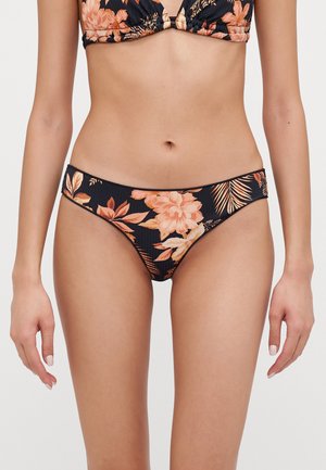 Black bikini bottom with ribbed texture, featuring a floral pattern in peach and orange hues. Mid-rise design with a wide waistband.