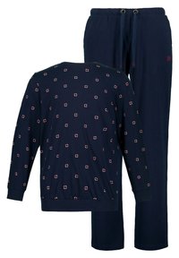 Navyblaues Loungewear-Set mit langärmligem Oberteil mit kreisförmigen Mustern und elastischen Hose mit Kordelzug für verstellbare Passform.