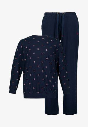 Conjunto de ropa de estar por casa en azul marino que incluye una camiseta de manga larga con patrones circulares y pantalones con cintura elástica y cordón ajustable.