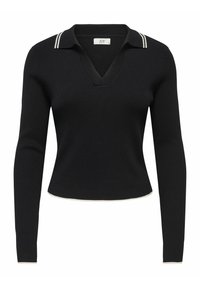 Crni pleteni džemper s V-izrezom i ovratnikom s bijelim prugama. Kratki, prilagođeni kroj s dugim rukavima i zakrivljenim rubom.