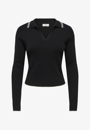 Suéter negro de punto con cuello en V y un cuello con rayas blancas. Diseño corto y ajustado con mangas largas y dobladillo curvado.