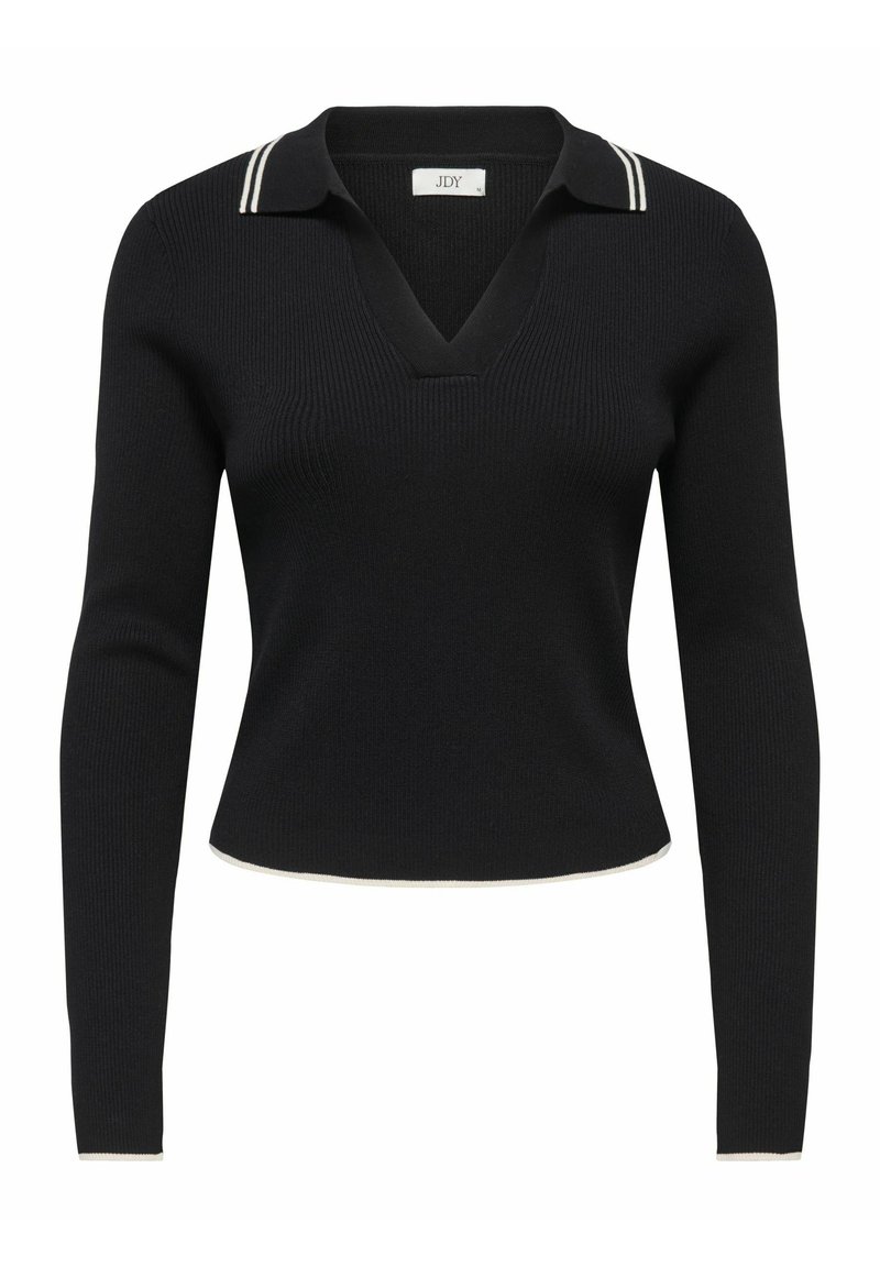 Crni pleteni džemper s V-izrezom i ovratnikom s bijelim prugama. Kratki, prilagođeni kroj s dugim rukavima i zakrivljenim rubom.