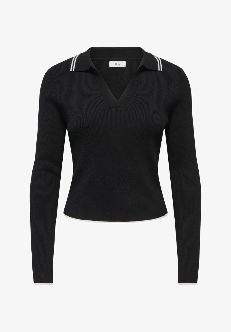 Crni pleteni džemper s V-izrezom i ovratnikom s bijelim prugama. Kratki, prilagođeni kroj s dugim rukavima i zakrivljenim rubom.