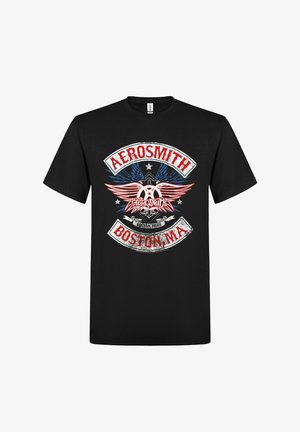 Schwarzes Baumwoll-T-Shirt mit einem Grafikdesign, das den Text "AEROSMITH BOSTON, MA" sowie rote und blaue Flügel und abgenutzte Akzente zeigt.