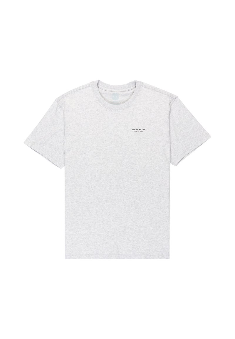 Gray cotton t-shirt with a round neckline, short sleeves, and a small black printed logo on the left chest. Smooth texture.