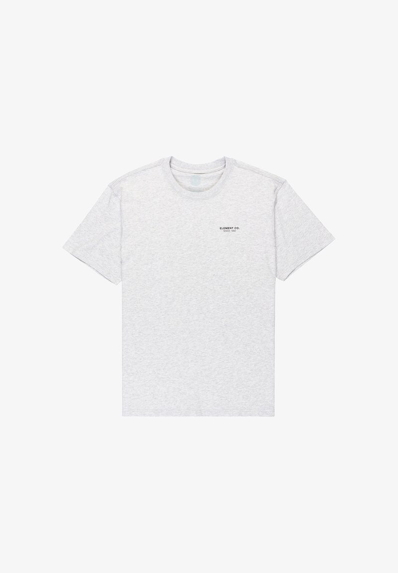 Gray cotton t-shirt with a round neckline, short sleeves, and a small black printed logo on the left chest. Smooth texture.